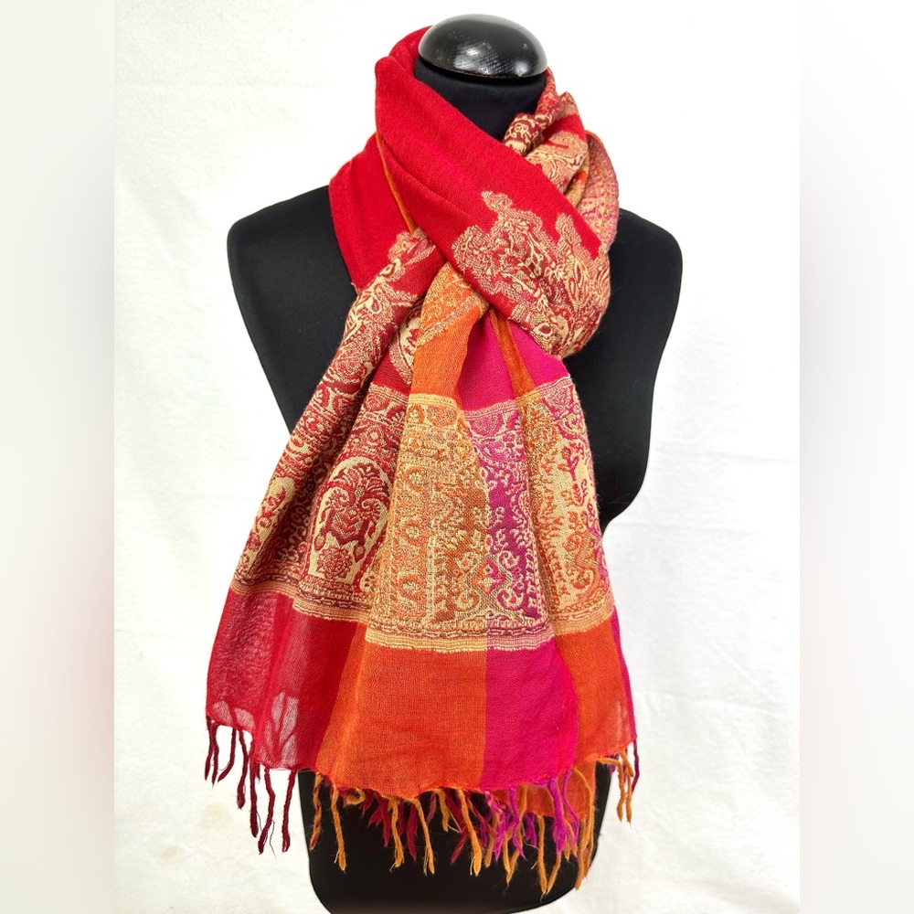 Linvosges Wool Red Orange Fuchsia Paisley Brocade Woven Scarf